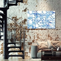 «Бело-голубой камень» в интерьере двухярусной гостиной в стиле лофт с кирпичной стеной