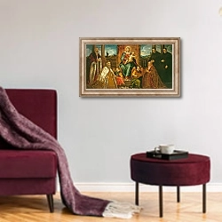 «Doge Alvise Mocenigo and Family before the Madonna and Child, c.1573» в интерьере гостиной в бордовых тонах