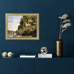 «Sunny Morning at Saint Mammes; Soleil du Matin a Saint-Mammes, 1884» в интерьере в классическом стиле в синих тонах