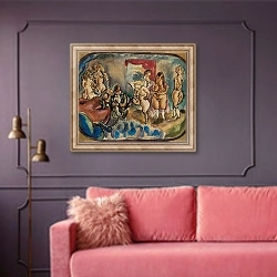 «The Undecided Client; Le client indecis, 1916» в интерьере гостиной с розовым диваном