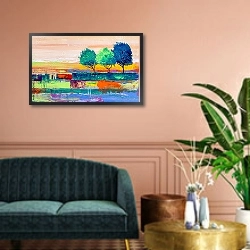 «Абстрактный пейзаж с тремя деревьями» в интерьере классической гостиной над диваном