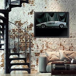 «Maserati Boomerang '1972 дизайн ItalDesign» в интерьере двухярусной гостиной в стиле лофт с кирпичной стеной