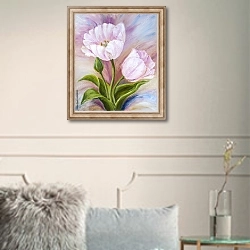 «Два белых тюльпана на розовом фоне» в интерьере в классическом стиле в светлых тонах