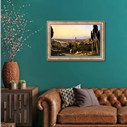 «Флоренция, вид на реку Арно 2» в интерьере гостиной с зеленой стеной над диваном