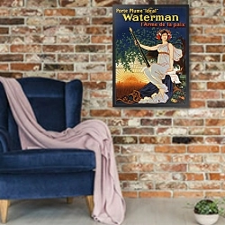 «Carry the 'Ideal' Waterman Pen - the Weapon of Peace, 1919» в интерьере в стиле лофт с кирпичной стеной и синим креслом