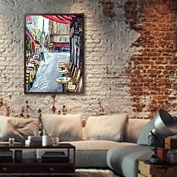 «Париж. Уличные кафе» в интерьере гостиной в стиле лофт с кирпичной стеной