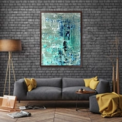 «Бирюзовая абстракция» в интерьере в стиле лофт над диваном