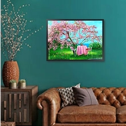 «Цветущие сливы в саду весной» в интерьере гостиной с зеленой стеной над диваном