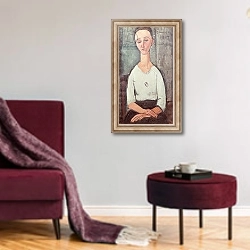 «Portrait of Madame Chakowska, 1917» в интерьере гостиной в бордовых тонах