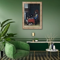 «Офицер, диктующий письмо» в интерьере гостиной в зеленых тонах