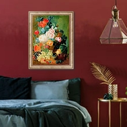 «Still Life with fruit, flowers and bird's nest» в интерьере спальни с акцентной стеной