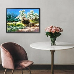 «Цветущий куст на сельской окраине» в интерьере в классическом стиле над креслом