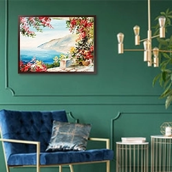 «Вид на голубое море из цветочной арки» в интерьере в классическом стиле с зеленой стеной
