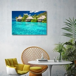 «Надводные виллы в лагуне острова Муреа» в интерьере современной гостиной с желтым креслом