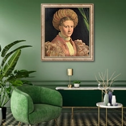 «Portrait of a young woman, possibly Countess Gozzadini, c.1530» в интерьере гостиной в зеленых тонах