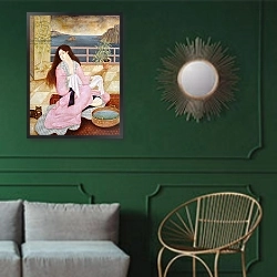 «Woman washing her face» в интерьере классической гостиной с зеленой стеной над диваном