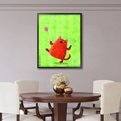 «Красный кот с воздушнам шаром и телефоном» в интерьере классической гостиной с зеленой стеной над диваном