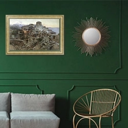 «Штурм аула Гимры. 1891» в интерьере классической гостиной с зеленой стеной над диваном
