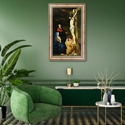 «Christ on the Cross 5» в интерьере гостиной в зеленых тонах