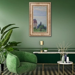 «Летний пейзаж 2» в интерьере гостиной в зеленых тонах