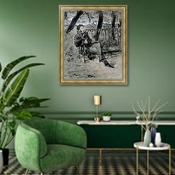 «Alexander Pushkin in a Park, 1899 1» в интерьере гостиной в зеленых тонах