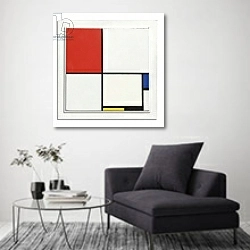 «Composition No. III, with Red, Blue, Yellow, and Black, 1929» в интерьере в стиле минимализм над креслом