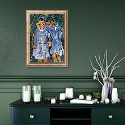 «Two Children; Deux Enfants,» в интерьере прихожей в зеленых тонах над комодом