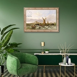 «Tilbury Fort - Wind Against the Tide, 1853» в интерьере гостиной в зеленых тонах