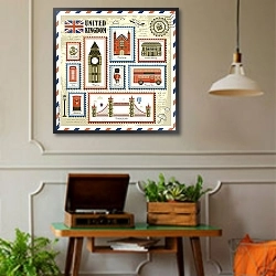 «Великобритания, коллекция марок» в интерьере комнаты в стиле ретро с проигрывателем виниловых пластинок