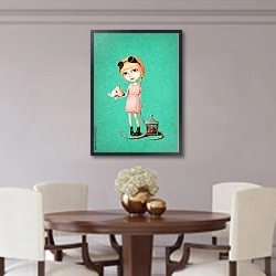 «Маленькая девочка и ее друг» в интерьере зеленой гостиной над диваном