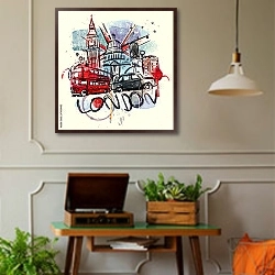 «Посетите Лондон» в интерьере комнаты в стиле ретро с проигрывателем виниловых пластинок