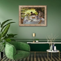 «Breakfast in the Garden, 1883» в интерьере гостиной в зеленых тонах