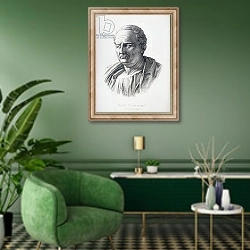 «Portrait of Marcus Tullius Cicero engraved by B.Bartoccini, 1849» в интерьере гостиной в зеленых тонах
