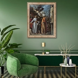 «Saint Lawrence prepared for Martyrdom, c. 1600-1» в интерьере гостиной в зеленых тонах