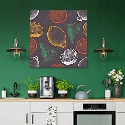«Цитрусовый фон в темных тонах» в интерьере кухни с зелеными стенами