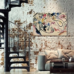 «Aquarell Nr. 8 ‘Jüngster Tag’» в интерьере двухярусной гостиной в стиле лофт с кирпичной стеной