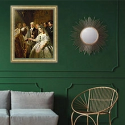 «The Unequal Marriage, 1862» в интерьере классической гостиной с зеленой стеной над диваном