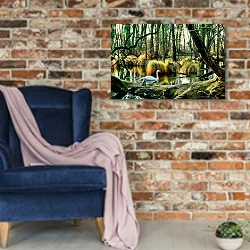 «Лебедь в лесной заводи» в интерьере в стиле лофт с кирпичной стеной и синим креслом