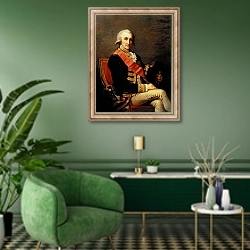 «Admiral George Brydges Rodney 1791» в интерьере гостиной в зеленых тонах