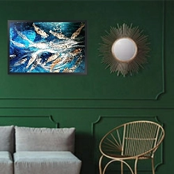«fish spawning 2» в интерьере классической гостиной с зеленой стеной над диваном