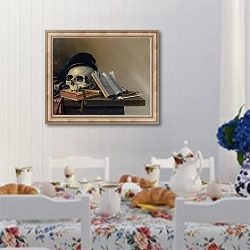 «Still Life With Skull, Books, Flute And Pipe» в интерьере кухни в стиле прованс над столом с завтраком