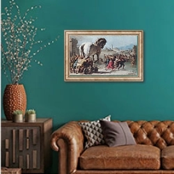 «Проведение Троянского коня в Трою» в интерьере гостиной с зеленой стеной над диваном
