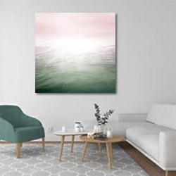 «Воды океана, розово-зелёный градиент» в интерьере гостиной в скандинавском стиле с зеленым креслом