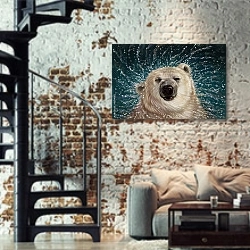 «Белый медведь в брызгах воды» в интерьере двухярусной гостиной в стиле лофт с кирпичной стеной