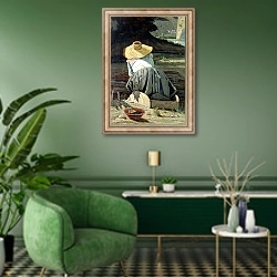 «Washerwoman by the River, 1860» в интерьере гостиной в зеленых тонах