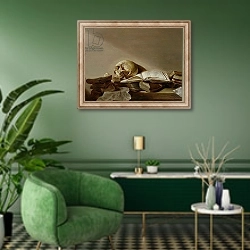 «Vanitas» в интерьере гостиной в зеленых тонах