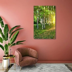 «Летний березовый лес» в интерьере современной гостиной в розовых тонах