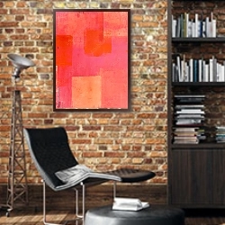 «Розово-оранжевая геометрическая абстракция» в интерьере кабинета в стиле лофт с кирпичными стенами