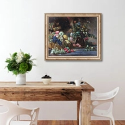 «Натюрморт с фруктами и цветами» в интерьере кухни с деревянным столом