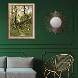 «In the Barbizon Woods in 1875» в интерьере классической гостиной с зеленой стеной над диваном